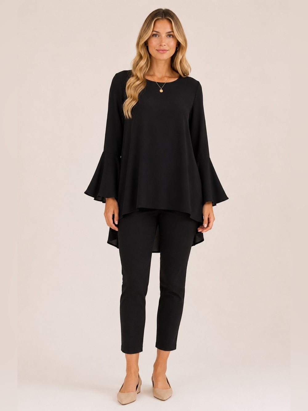 Zenana Outfitters Black Bell Sleeve Tunic Blouse Flowy Layered Top XL